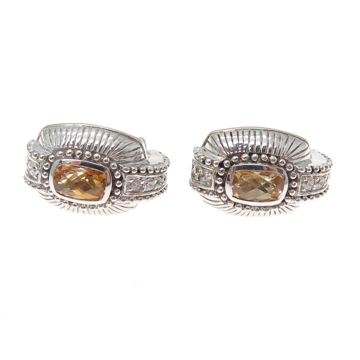 JUDITH RIPKA 925 Sterling Silver Real Citrine & C Z Omega Back Earrings