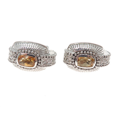 JUDITH RIPKA 925 Sterling Silver Real Citrine & C Z Omega Back Earrings