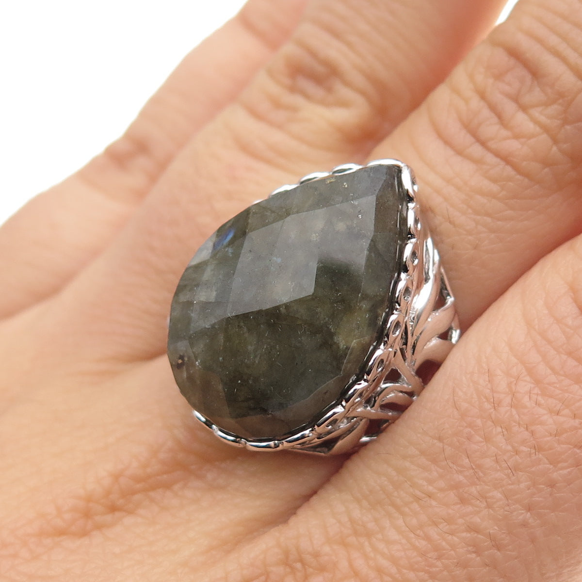 925 Sterling Silver Real Labradorite Floral Teardrop Ring Size 8.25