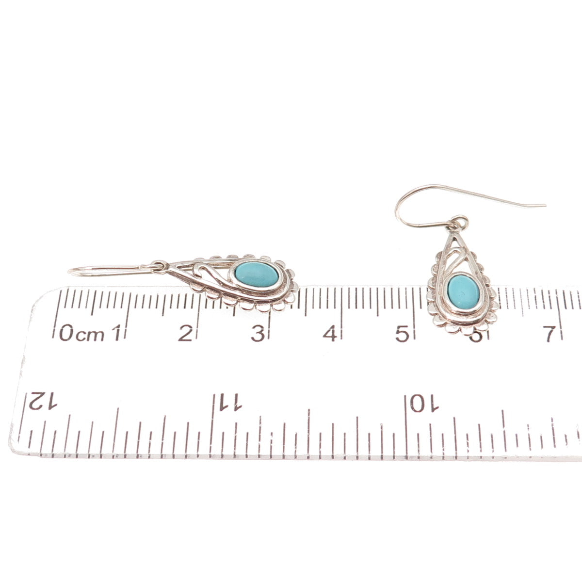 925 Sterling Silver Vintage Real Turquoise Teardrop Oxidized Dangle Earrings