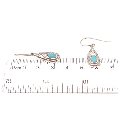 925 Sterling Silver Vintage Real Turquoise Teardrop Oxidized Dangle Earrings