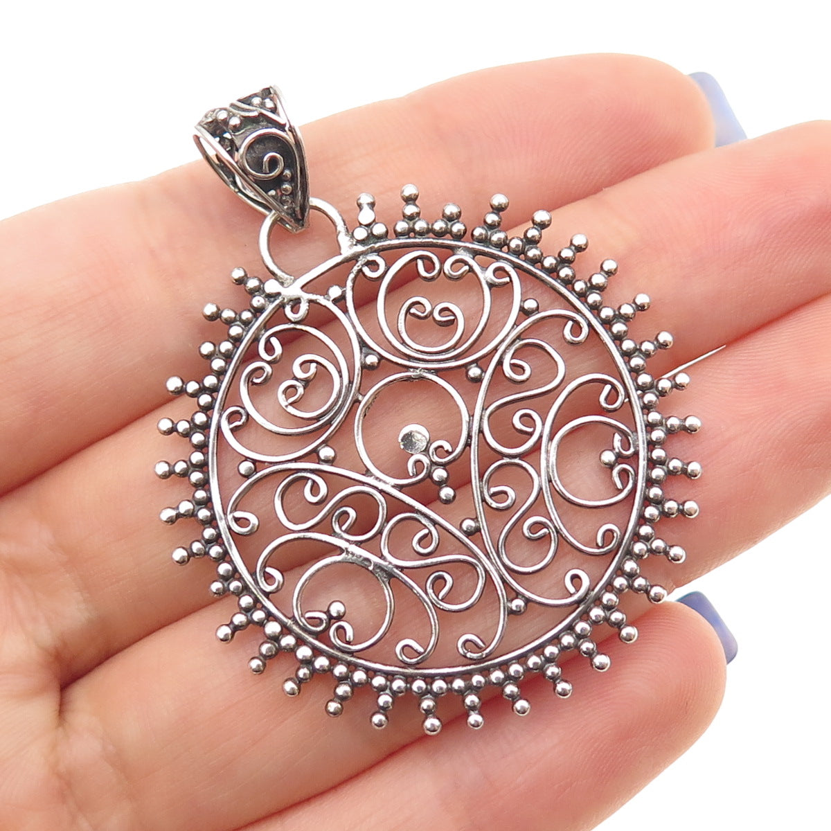 925 Sterling Silver Vintage Ornate Swirl Granulated Oxidized Pendant