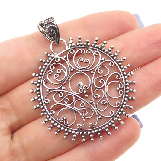 925 Sterling Silver Vintage Ornate Swirl Granulated Oxidized Pendant