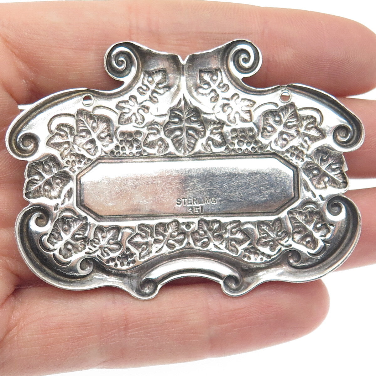 925 Sterling Silver Antique Art Deco "Brandy" Repousse Bottle Tag Plate #351