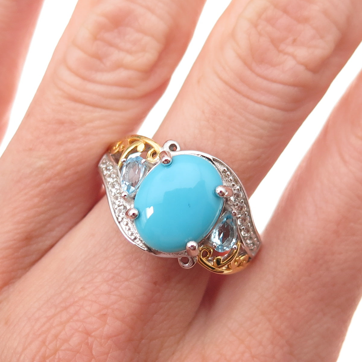 925 Sterling Silver 2-Tone Real Turquoise Blue & White Topaz Ring Size 8.25