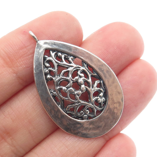 OR PAZ PZ Sterling Silver Vintage Israel Ornate Floral Hammered Teardrop Pendant