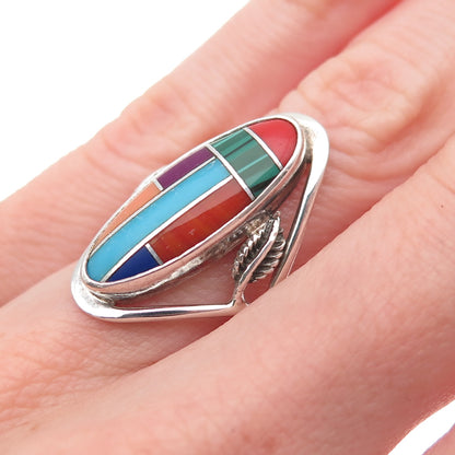 925 Sterling Vintage Real Turquoise Lapis Agate Malachite Sugilite Ring Size 5.5