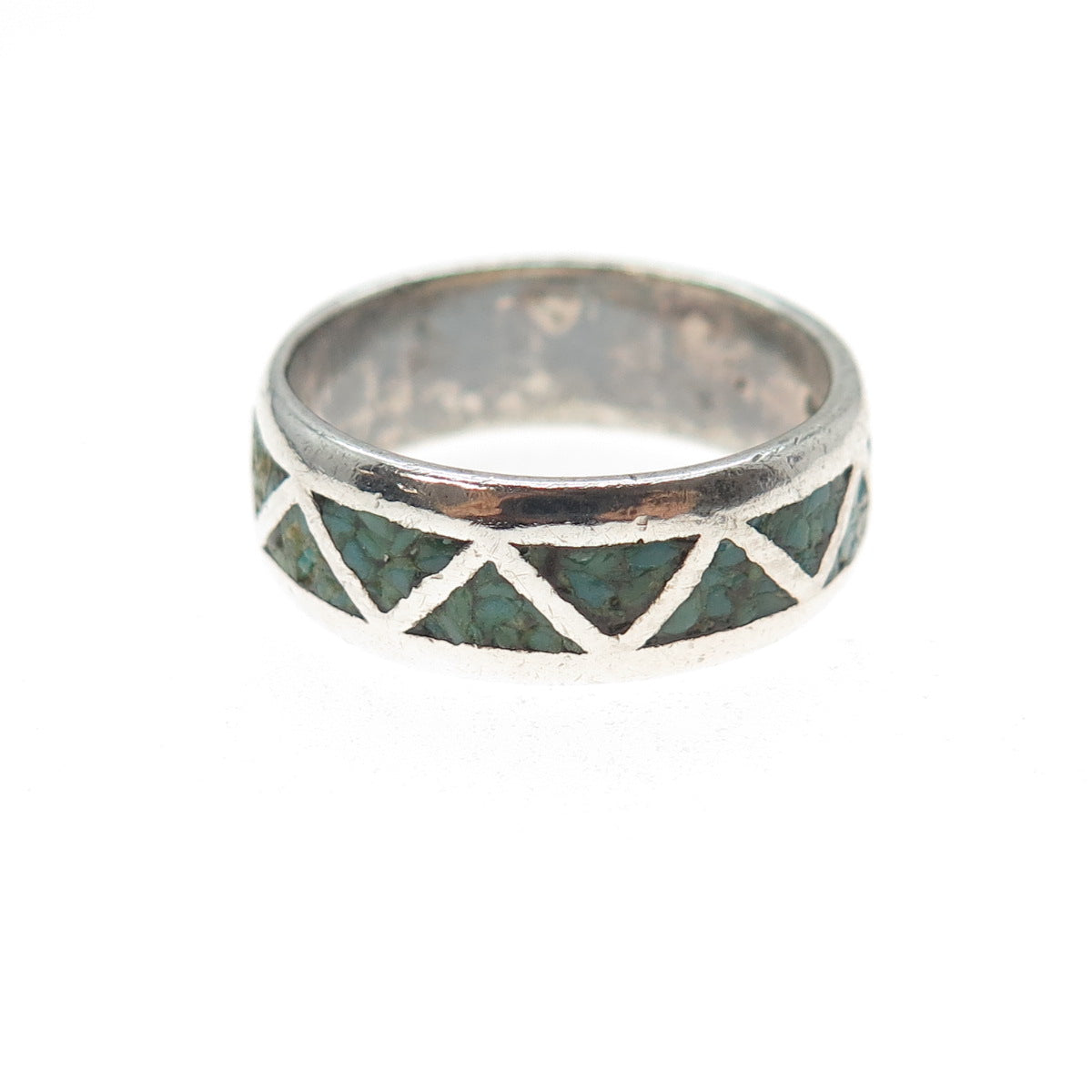 Tommy Long Navajo Old Pawn Sterling Vintage Turquoise Inlay Band Ring Size 8.5