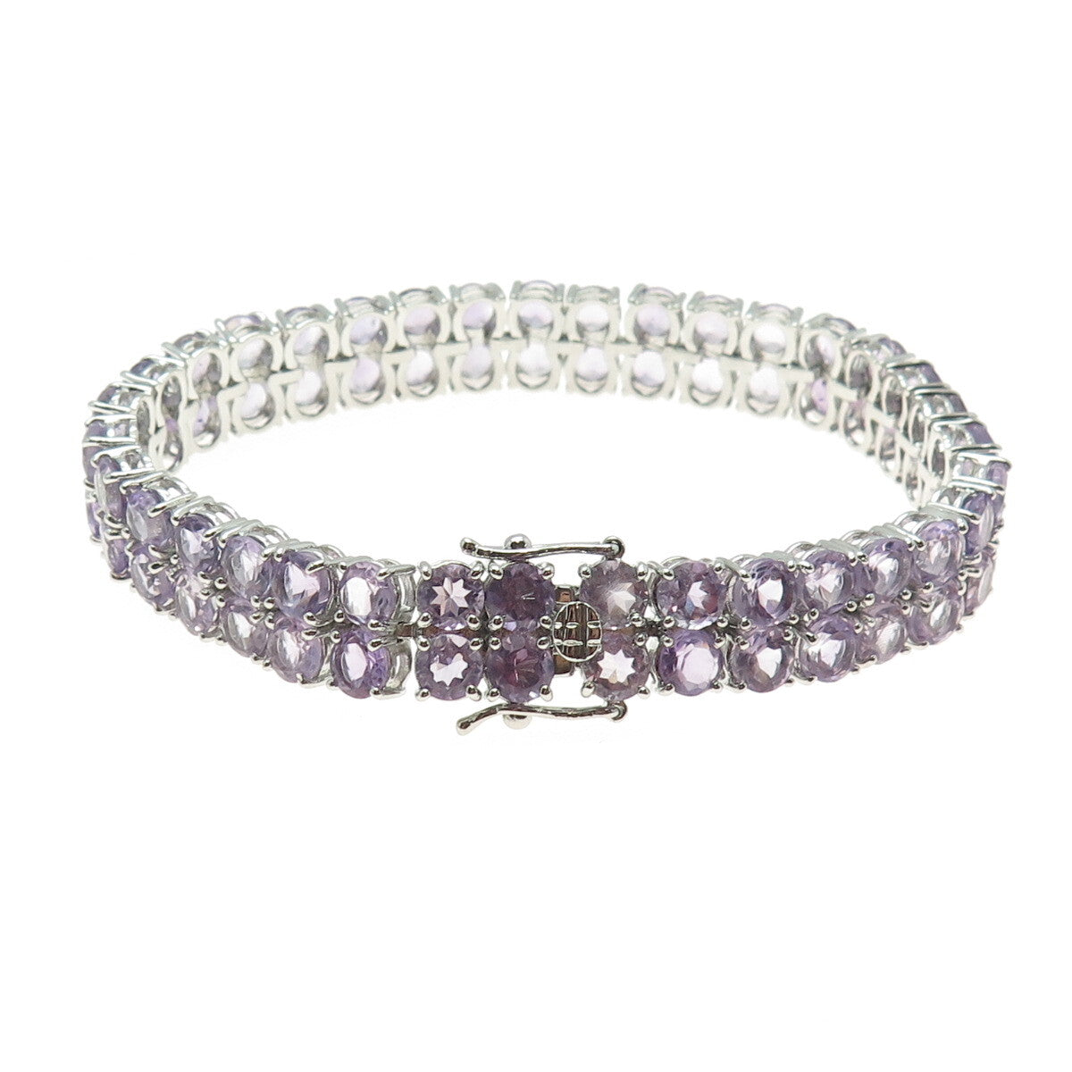 925 Sterling Silver Round-Cut Amethyst Gem 2-Row Tennis Link Bracelet 7.5"