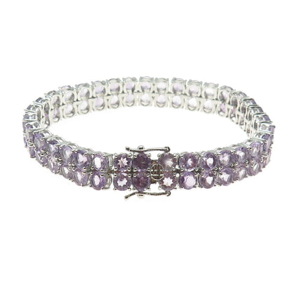 925 Sterling Silver Round-Cut Amethyst Gem 2-Row Tennis Link Bracelet 7.5"
