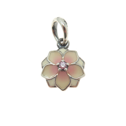 PANDORA 925 Sterling Silver Enamel Pink C Z Magnolia Bloom Dangle Pendant