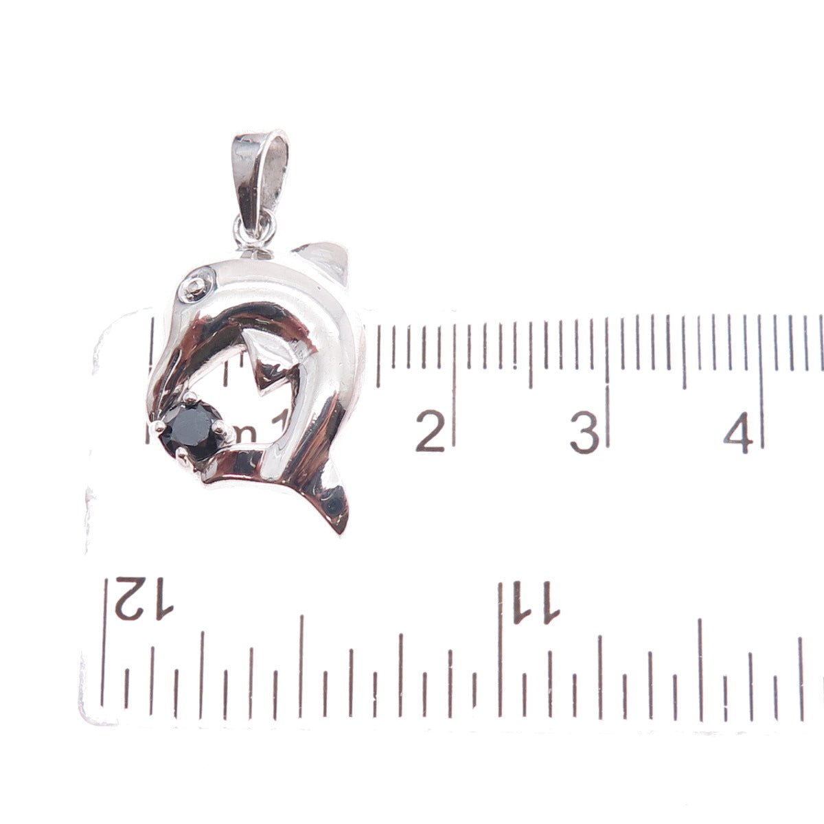 925 Sterling Silver Real Round-Cut Black Spinel Dolphin Charm Pendant