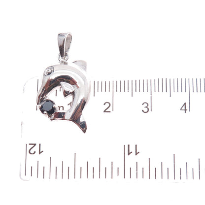 925 Sterling Silver Real Round-Cut Black Spinel Dolphin Charm Pendant