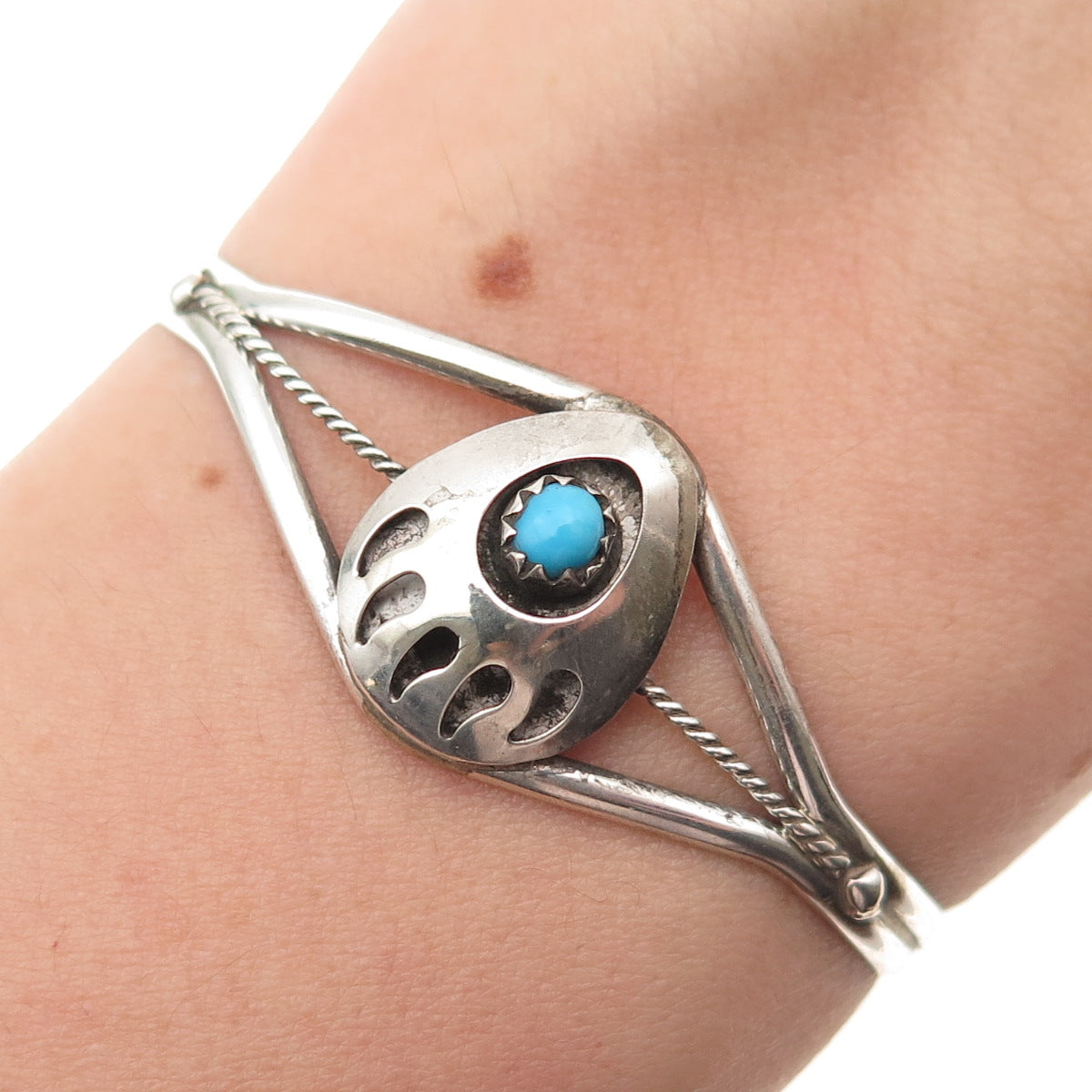 Old Pawn 925 Sterling Silver Vintage Turquoise Bear Paw Adjustable Bracelet 5"
