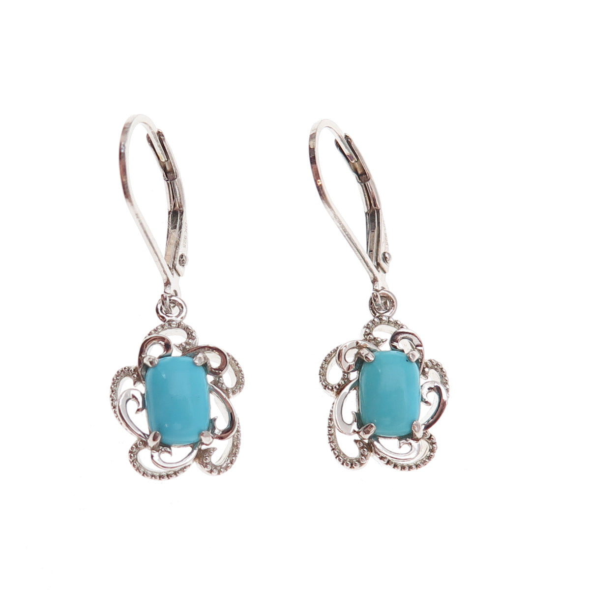 925 Sterling Silver Real Sleeping Beauty Turquoise Floral Dangle Earrings