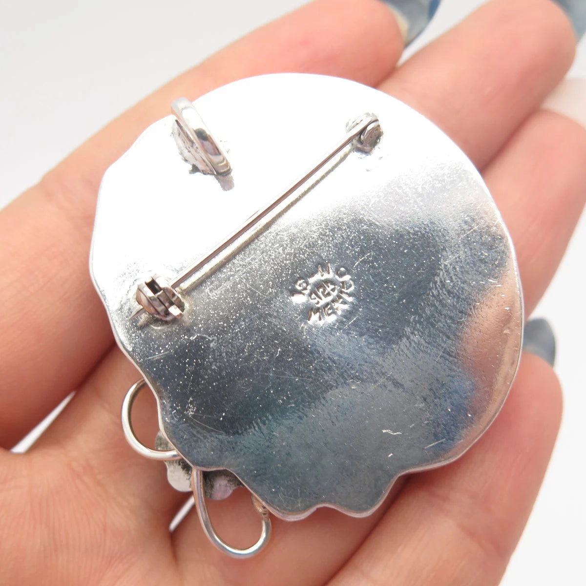 925 Sterling Silver Vintage Mexico Black Onyx Gem Floral Leaf Brooch / Pendant