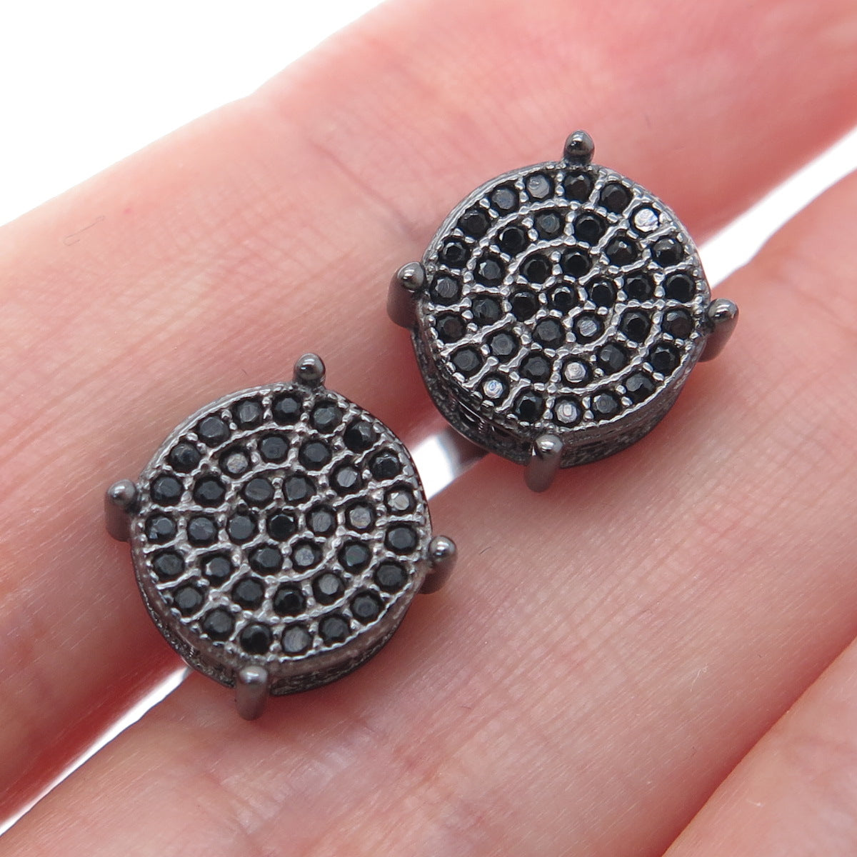 925 Sterling Silver Black Rhodium Real Round-Cut Black Spinel Stud Earrings