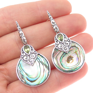 925 Sterling Silver Vintage Real Abalone Shell & Peridot Ornate Dangle Earrings