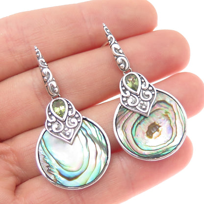 925 Sterling Silver Vintage Real Abalone Shell & Peridot Ornate Dangle Earrings