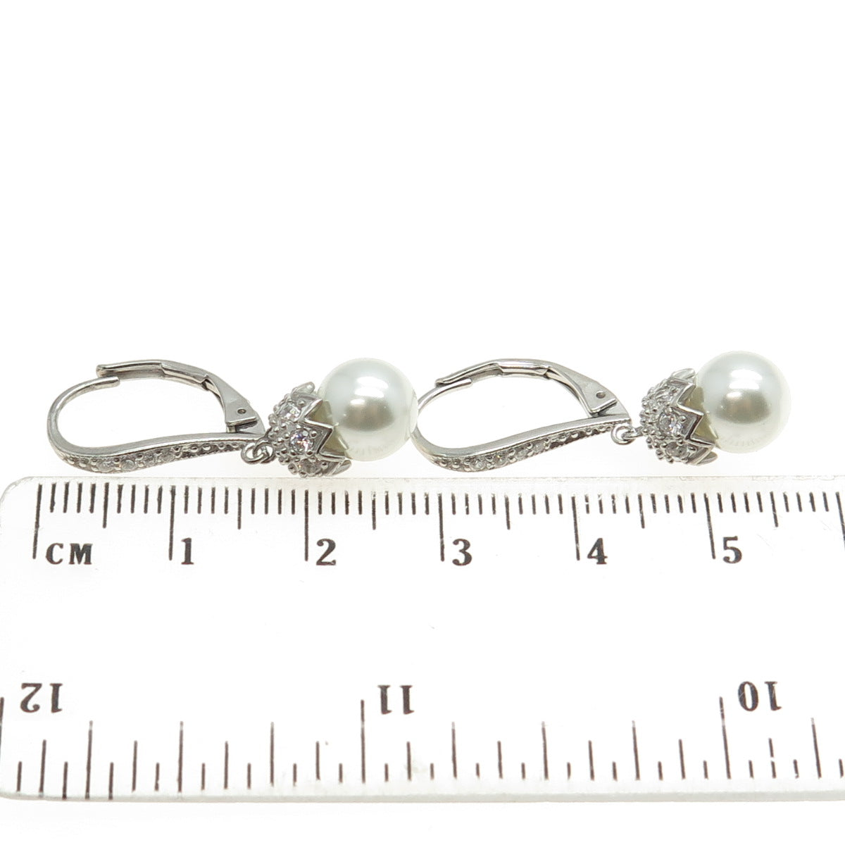 925 Sterling Silver Real Pearl & Round-Cut C Z Teardrop Dangling Earrings