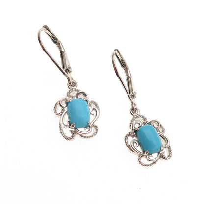 925 Sterling Silver Real Sleeping Beauty Turquoise Floral Dangle Earrings
