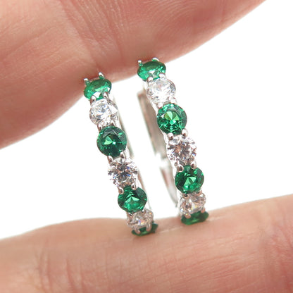 925 Sterling Silver Round-Cut Chrome Diopside & C Z Hoop Earrings