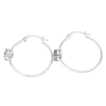 925 Sterling Silver Real Amethyst Gemstone Hinged Hoop Earrings