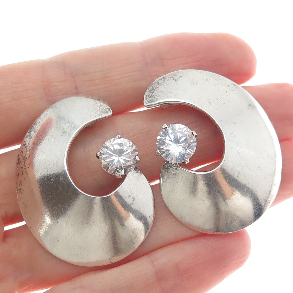 925 Sterling Silver Vintage Round-Cut Shaped C Z Crescent Moon Earrings