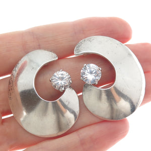 925 Sterling Silver Vintage Round-Cut Shaped C Z Crescent Moon Earrings