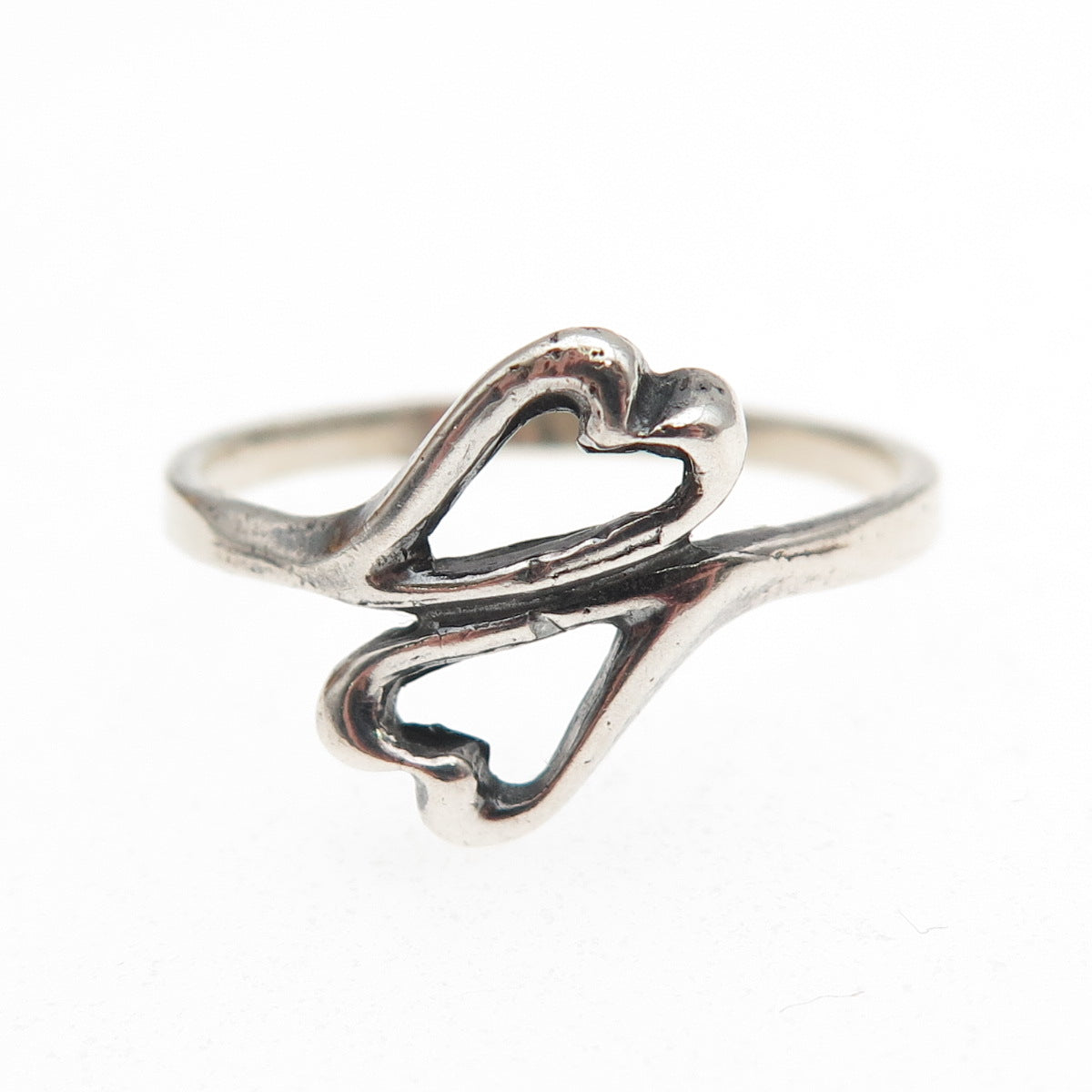 925 Sterling Silver Vintage Poland Modernist Heart Oxidized Bypass Ring Size 8