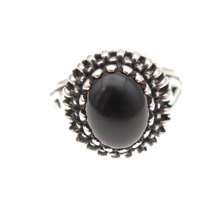 925 Sterling Silver Vintage Real Black Onyx Modernist Oxidized Ring Size 7.75