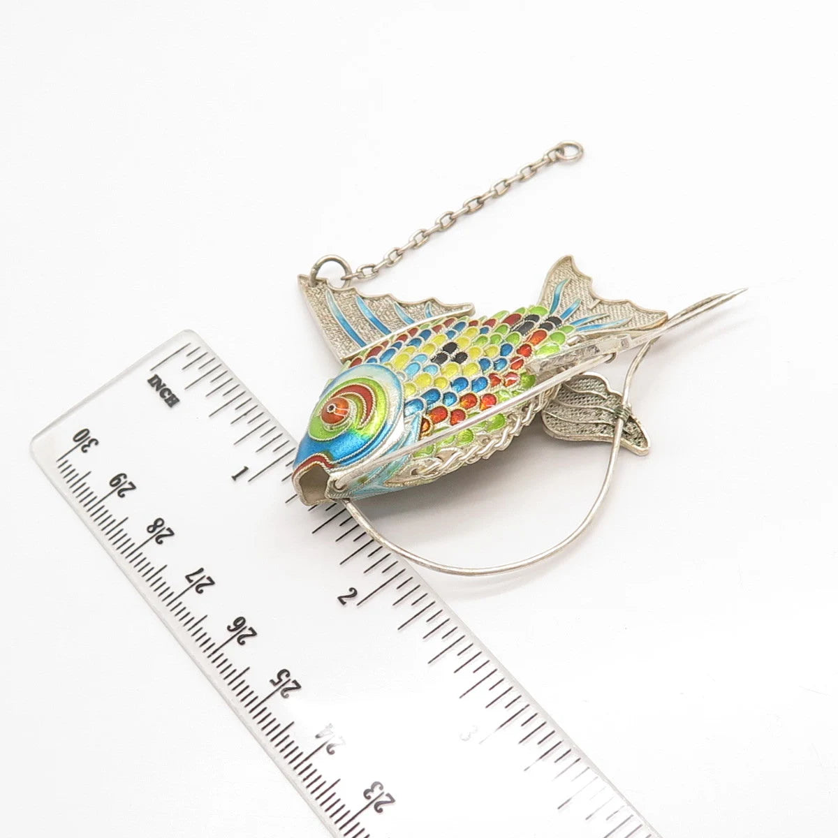 925 Sterling Silver Antique Enamel Chinese Koi Fish Articulated Fob / Pendant