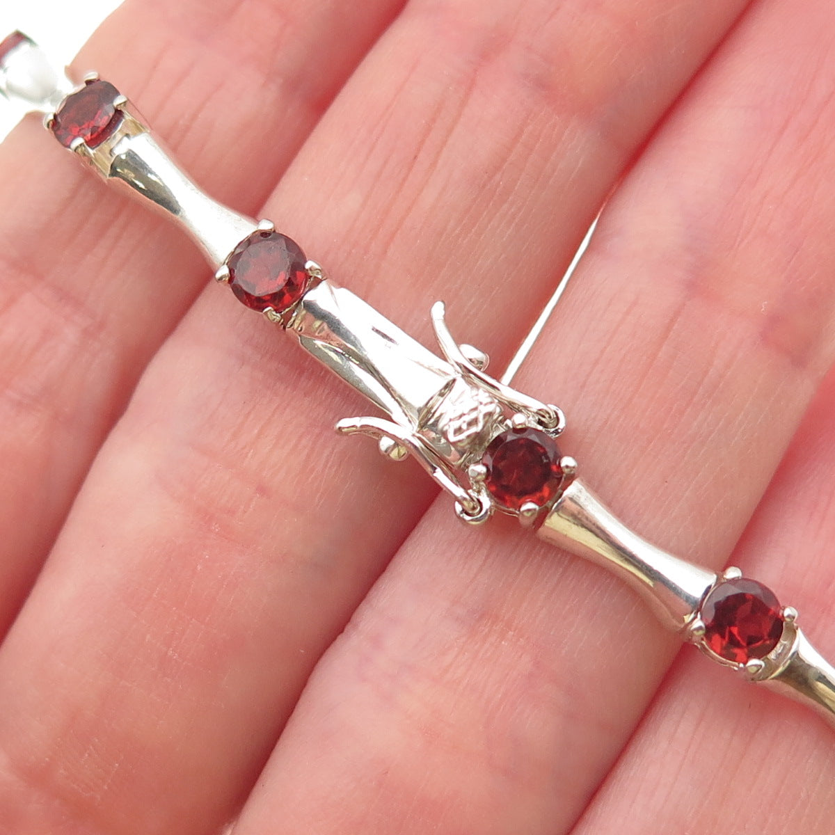 HAN 925 Sterling Silver Vintage Real Red Garnet Bamboo Link Bracelet 7.25"