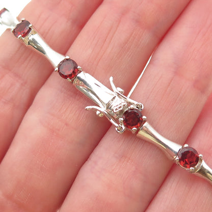 HAN 925 Sterling Silver Vintage Real Red Garnet Bamboo Link Bracelet 7.25"