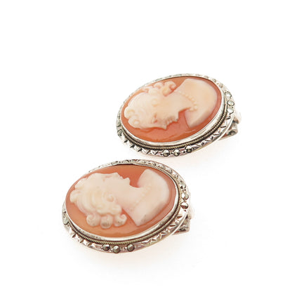800 Silver Antique Art Deco Real MOP & Marcasite Lady Cameo Clip On Earrings