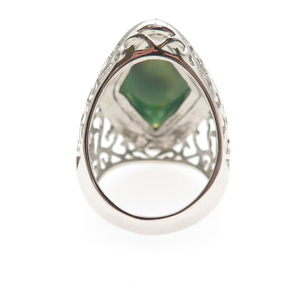 Ken Crafts 925 Sterling Silver Real Green Agate Floral Scroll Ring Size 7.5