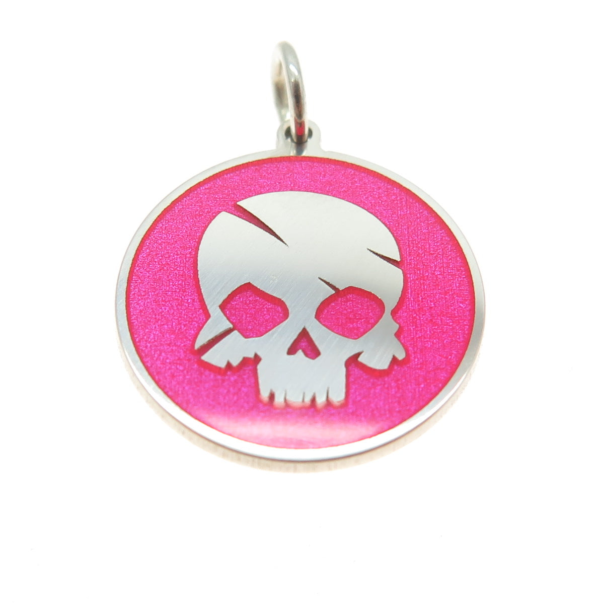 925 Sterling Silver Pink Enamel Skull Round Tag Minimalist Charm Pendant