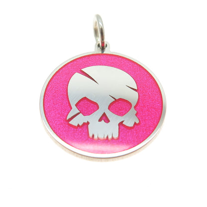 925 Sterling Silver Pink Enamel Skull Round Tag Minimalist Charm Pendant