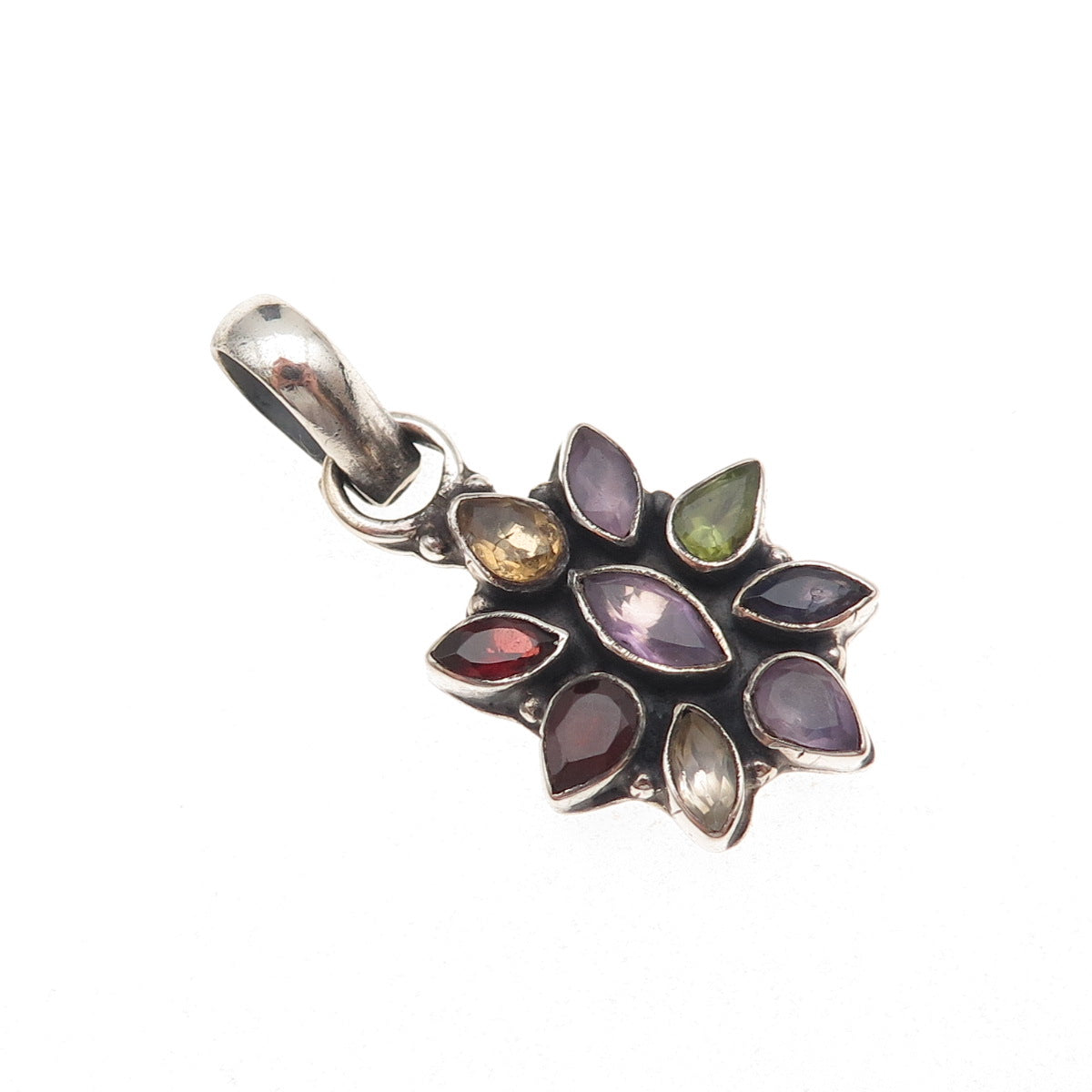 925 Sterling Silver Vintage Real Amethyst Garnet Peridot Citrine Iolite Pendant