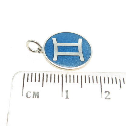 925 Sterling Silver Blue Enamel Gemini Zodiac Round Tag Minimalist Charm Pendant