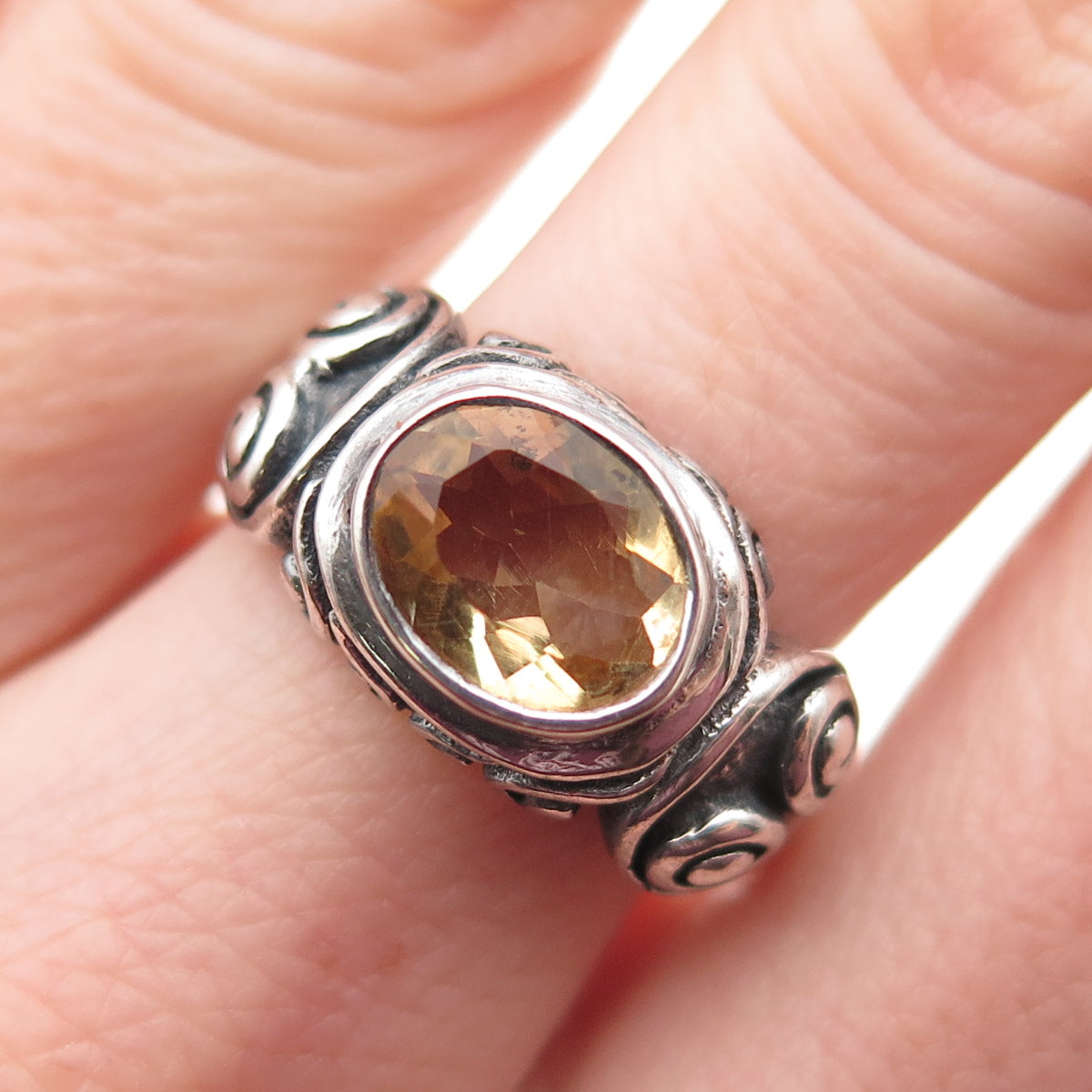 925 Sterling Silver Vintage Real Citrine Modernist Oxidized Ring Size 8