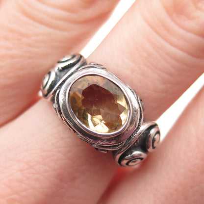 925 Sterling Silver Vintage Real Citrine Modernist Oxidized Ring Size 8