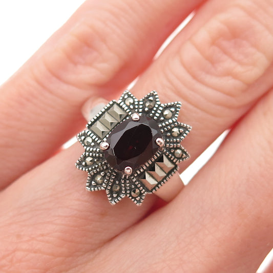 925 Sterling Silver Vintage Real Red Garnet & Marcasite Oxidized Ring Size 6