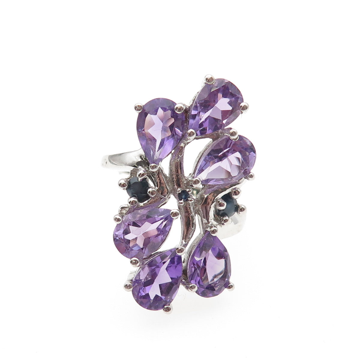 925 Sterling Silver Real Amethyst & Sapphire Cluster Ring Size 8