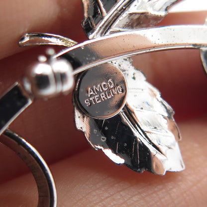 AMCO 925 Sterling Silver Antique Real Black Onyx Flower Letter "L" Pin Brooch