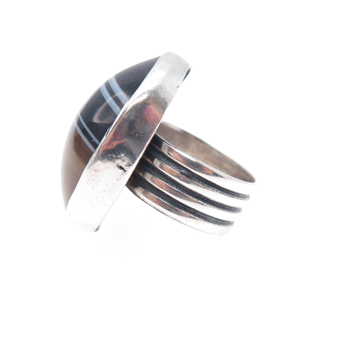925 Sterling Silver Vintage Real Cabochon Agate Modernist Ring Size 5.75