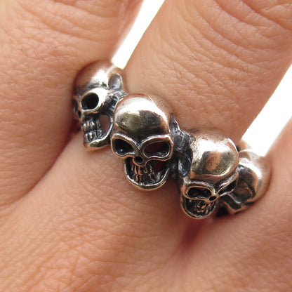 925 Sterling Silver Vintage Skull All Around Oxidized Biker Ring Size 9