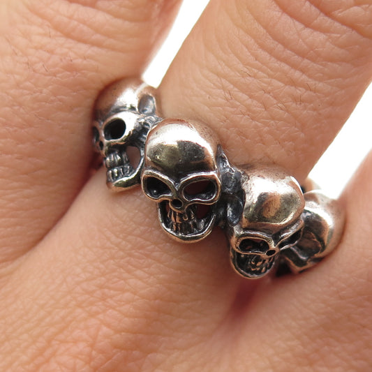 925 Sterling Silver Vintage Skull All Around Oxidized Biker Ring Size 9