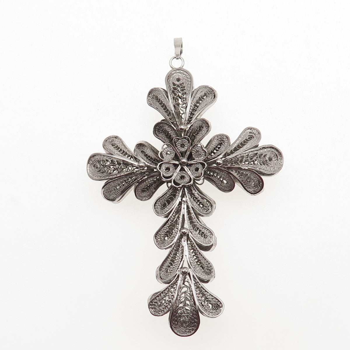925 Sterling Silver Antique Art Deco Cross Floral Filigree Oxidized Pendant