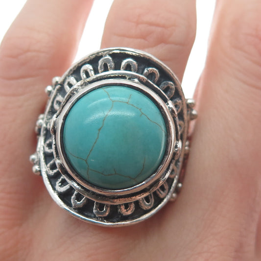 925 Sterling Silver Vintage Real Mountain Turquoise Sun Oxidized Ring Size 10.25